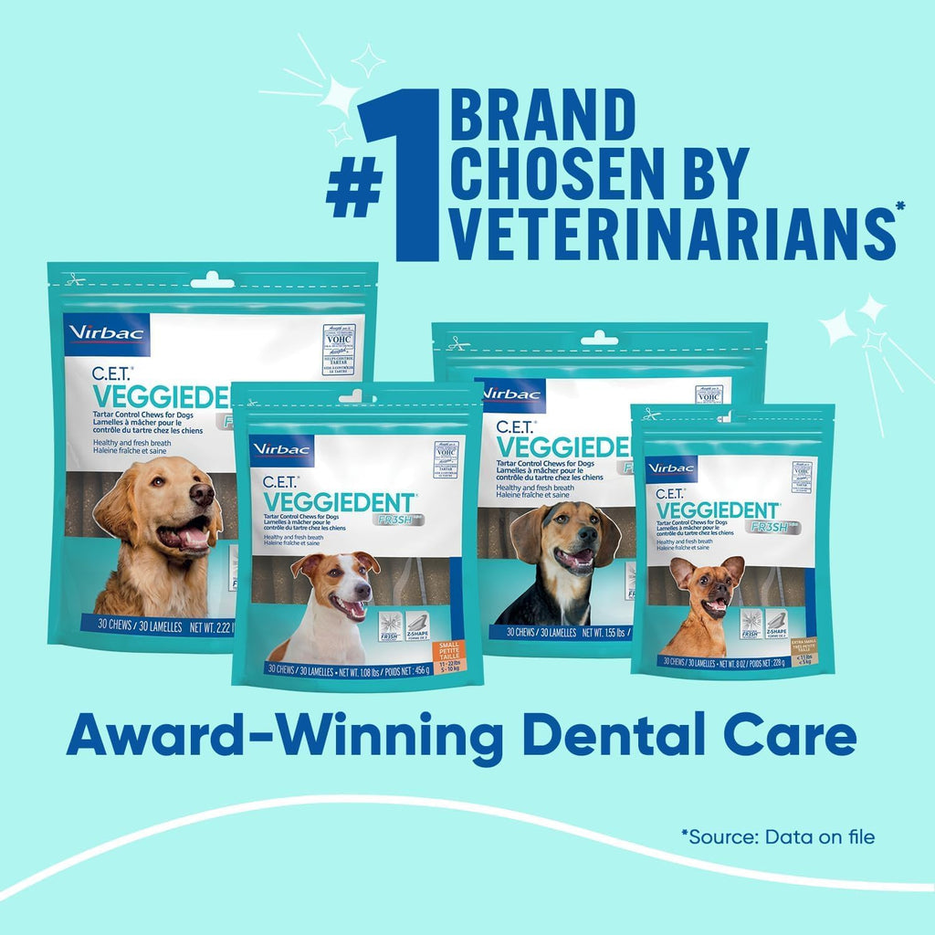 Back label view of Virbac VeggieDent medium dog dental chews with ingredients list