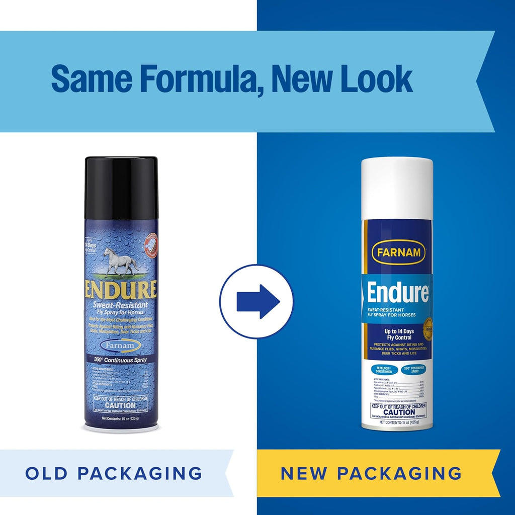 Farnam Endure continuous spray equine insect repellent can highlighting fourteen day protection claim