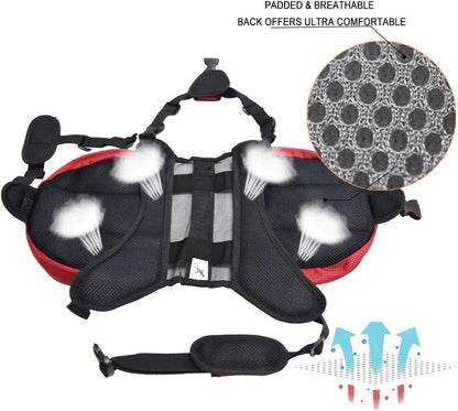 Lifeunion orange dog travel gear showing the adjustable quick-release belly and chest buckles