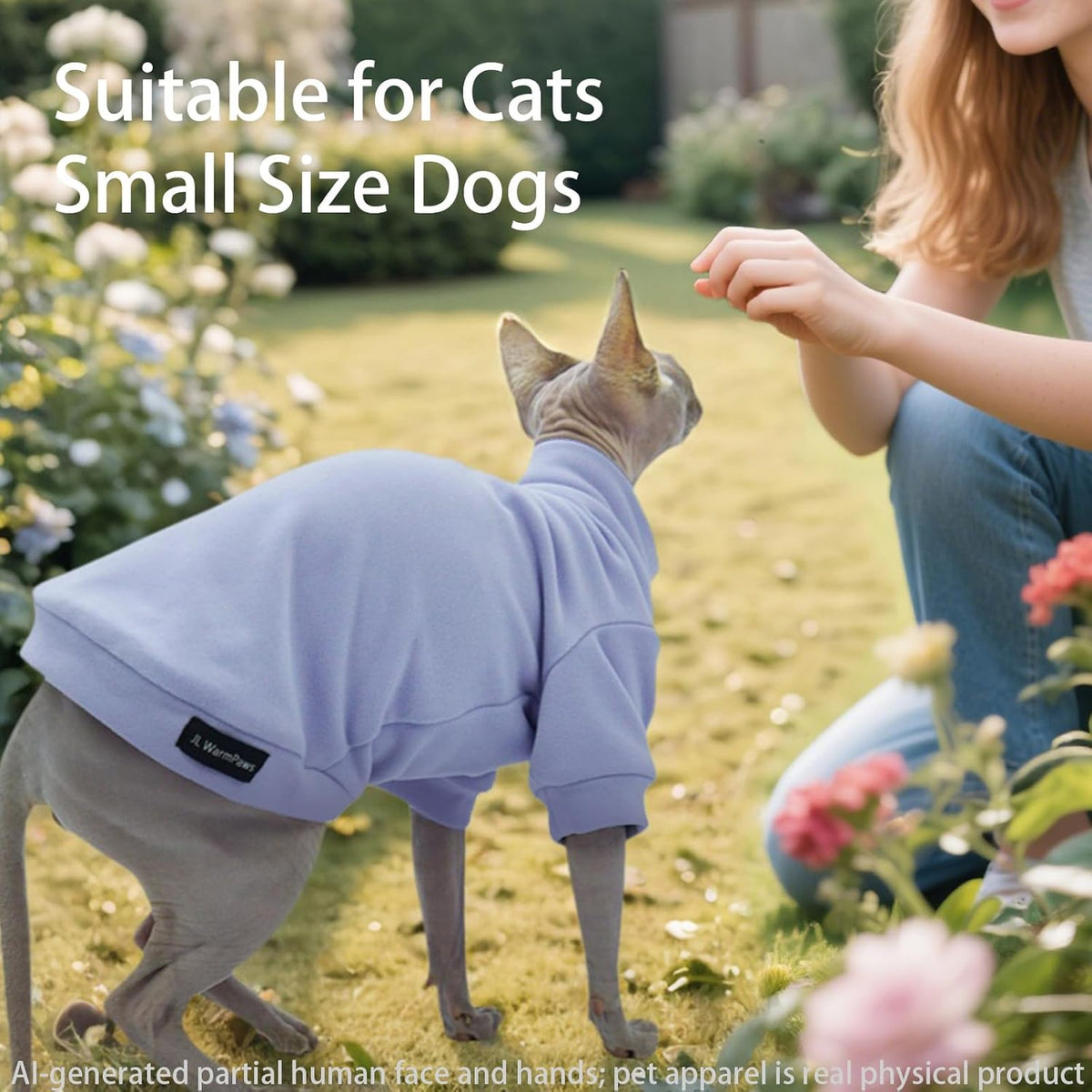 Hairless cat wearing soft lavender long sleeve fleece sweater