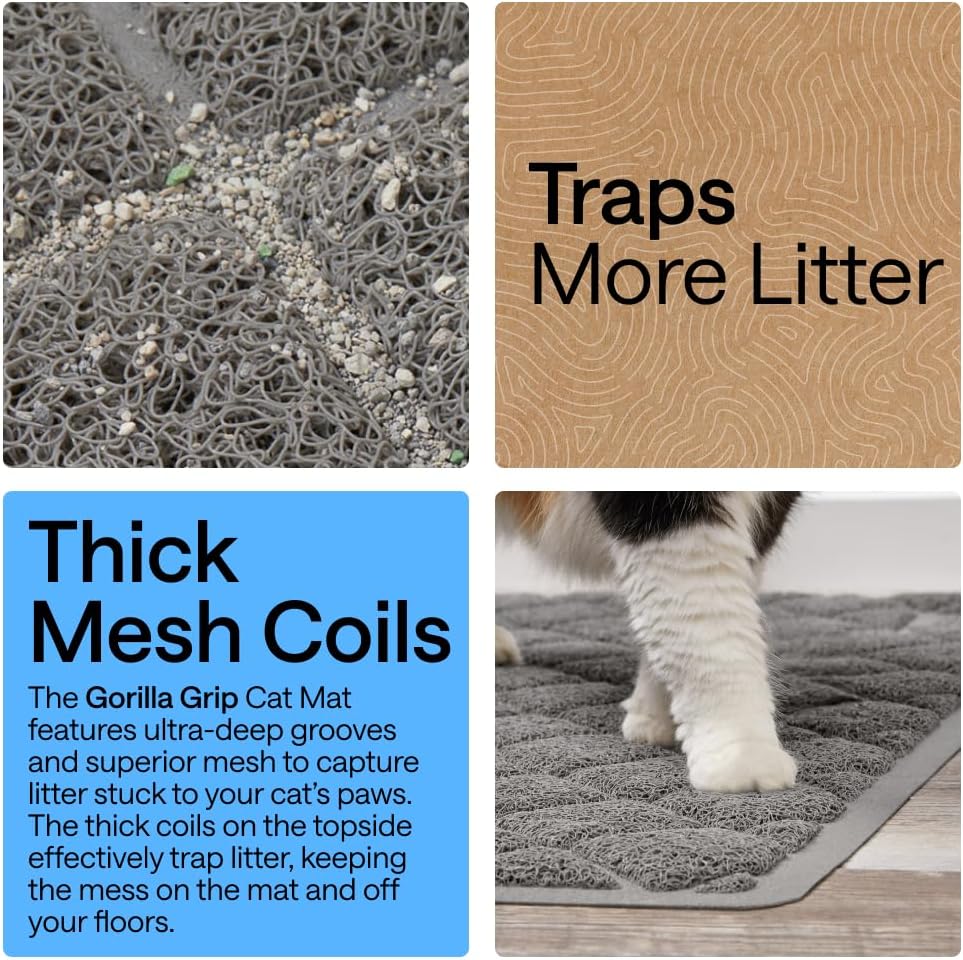 Gray cat scatter control mat placed on floor near litter box