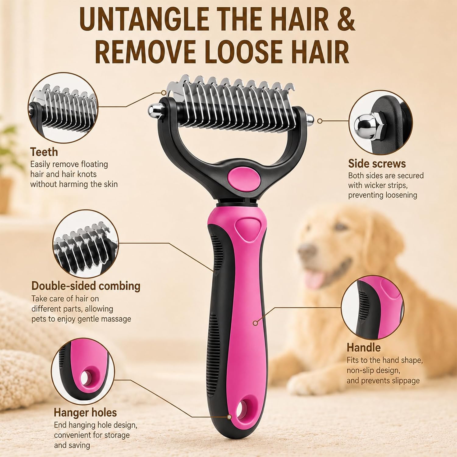 Emily Pets pink deshedding brush for long haired dogs and cats