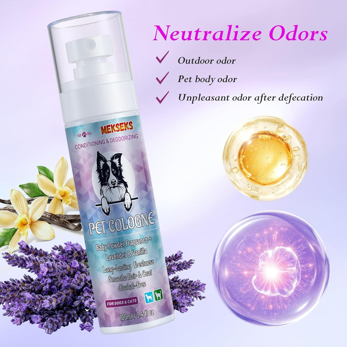 Alcohol free non sticky pet cologne mist application.