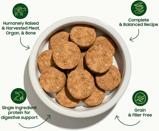 Smallbatch raw beef sliders freeze dried dog food close up details
