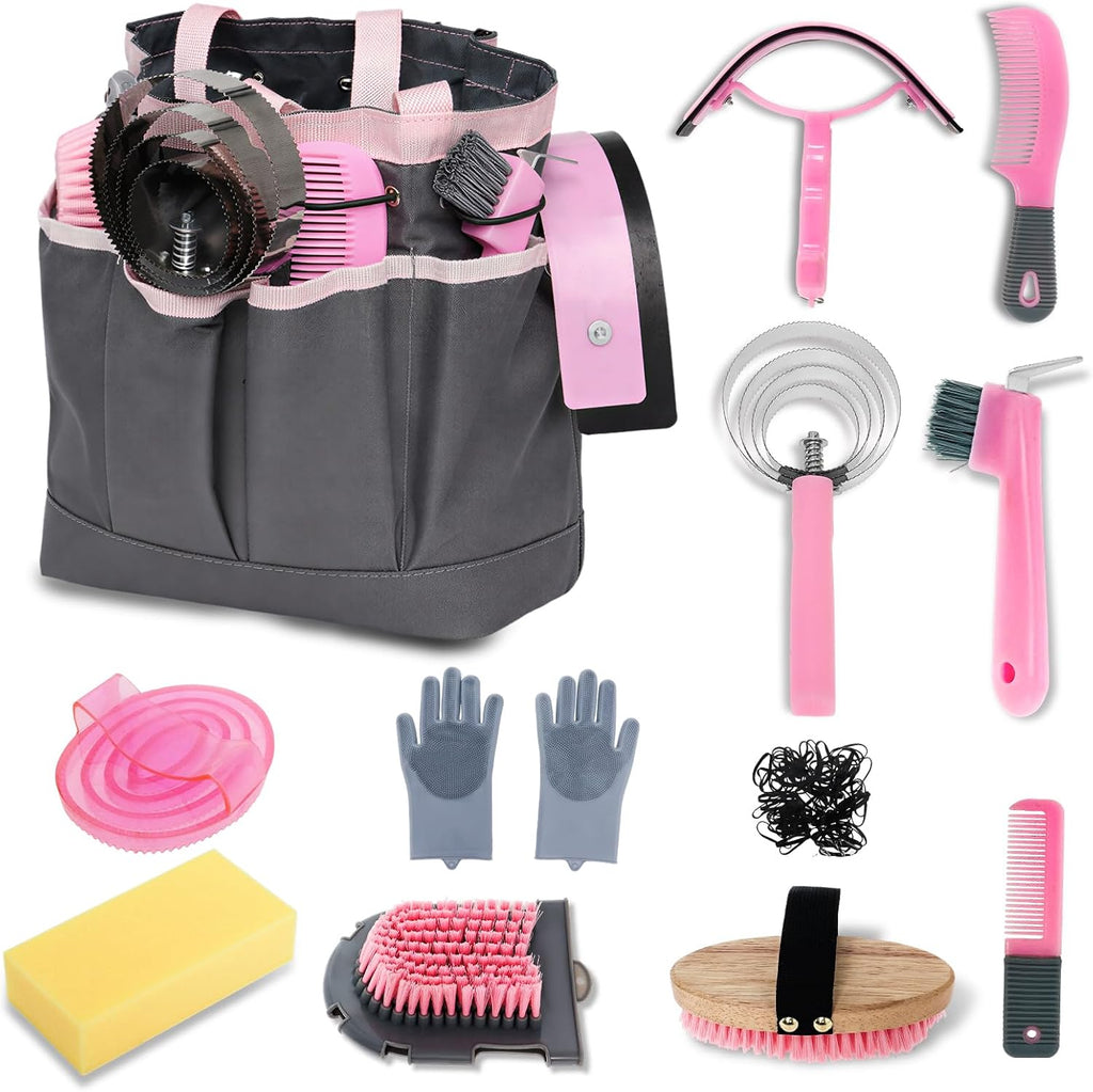 Full layout of the premium Swess fourteen piece horse bathing and shedding kit.