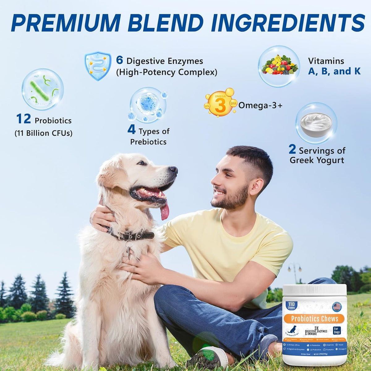GuruAmi canine digestive supplement container showing chicken flavor kibbles