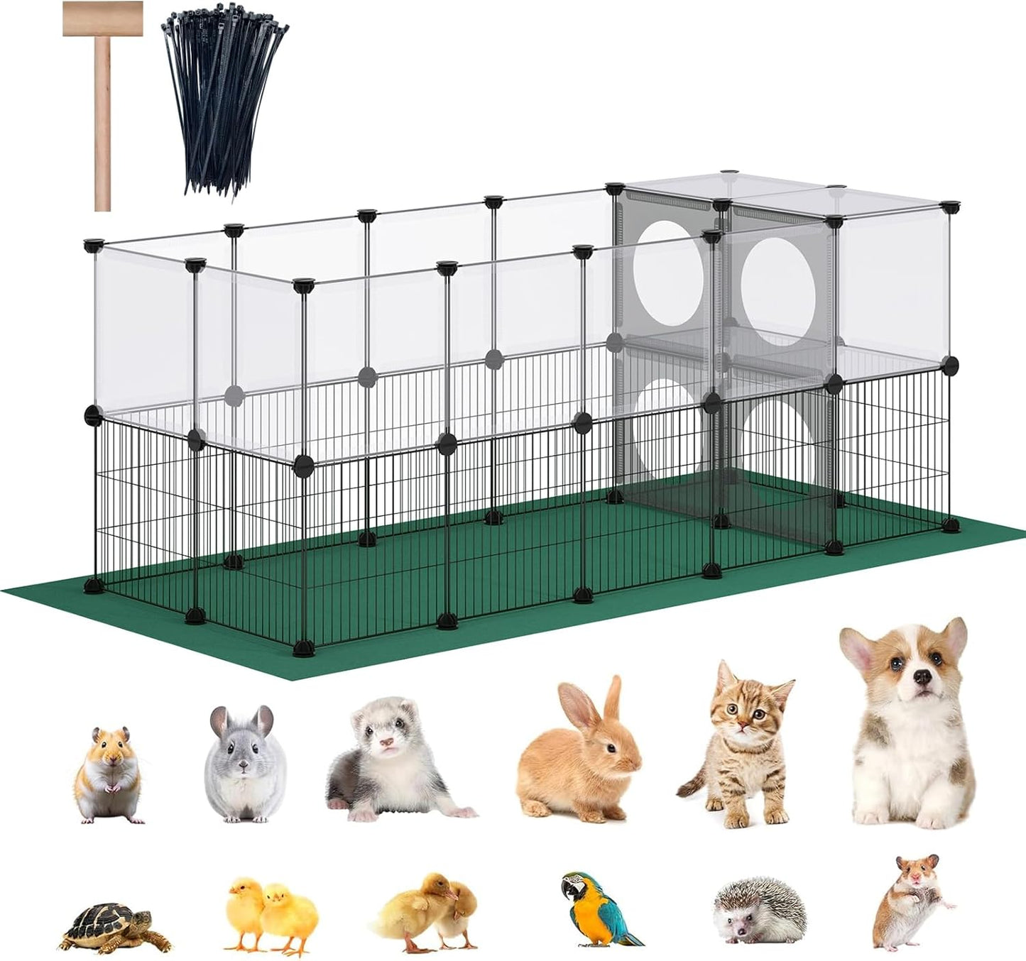DINMO Small Animal Playpen with Oxford Mat, 24 inches Height, Pet Exercise Fence, Home Protector, Iron Mesh and Plastic Combination, Visualization, DIY, Games Hole Series, 60.2 x 24.8 x 24.8inch - Image 1