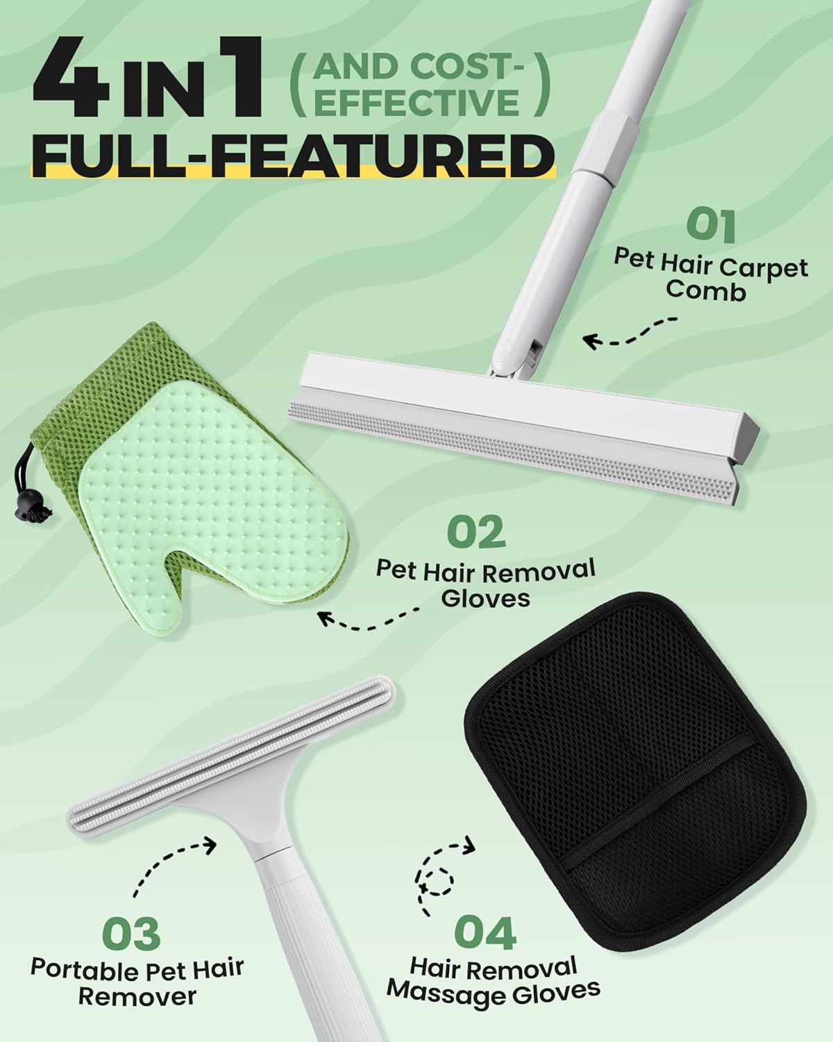 Carpet Rake for Pet Hair Removal Tool - 4 in 1 Pet Hair Remover Kit for Dog Cat Fur Remover, Contain 60" Adjustable Rubber Broom, Glove, Magic Brush and Scraper for Furniture,Short Pile Carpets, Mats - Image 9