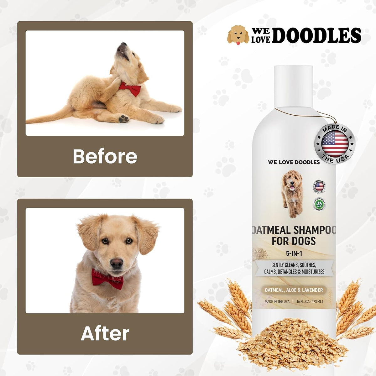 We Love Doodles premium dog shampoo being used in a grooming setting