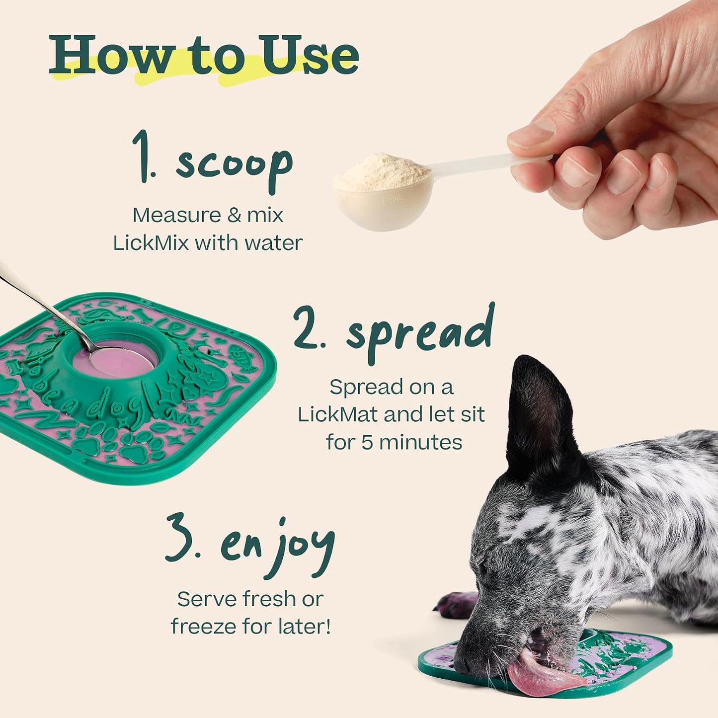 Woof LickMixes dog anxiety relief treat bag alongside a textured blue lick mat