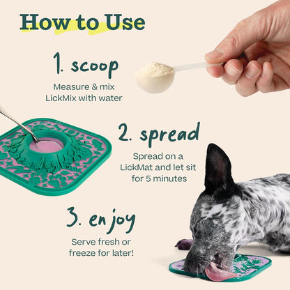 Woof LickMixes dog anxiety relief treat bag alongside a textured blue lick mat