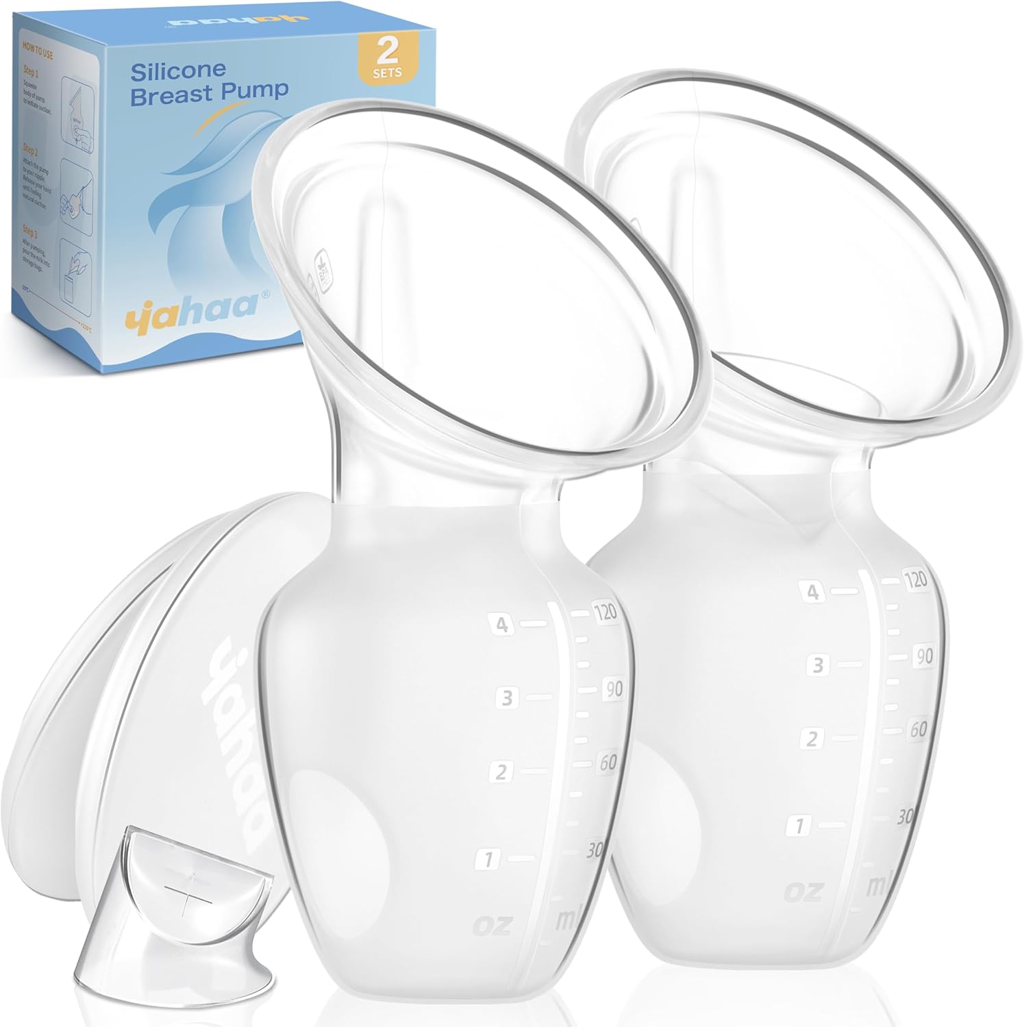Yahaa manual breast pump twin pack front view showcasing the clear four ounce silicone collectors.