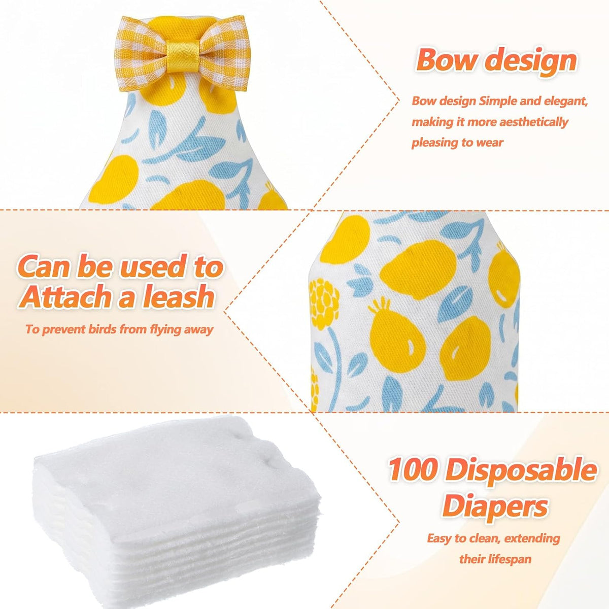 Adjustable bird diaper with 100 disposable absorbent pads