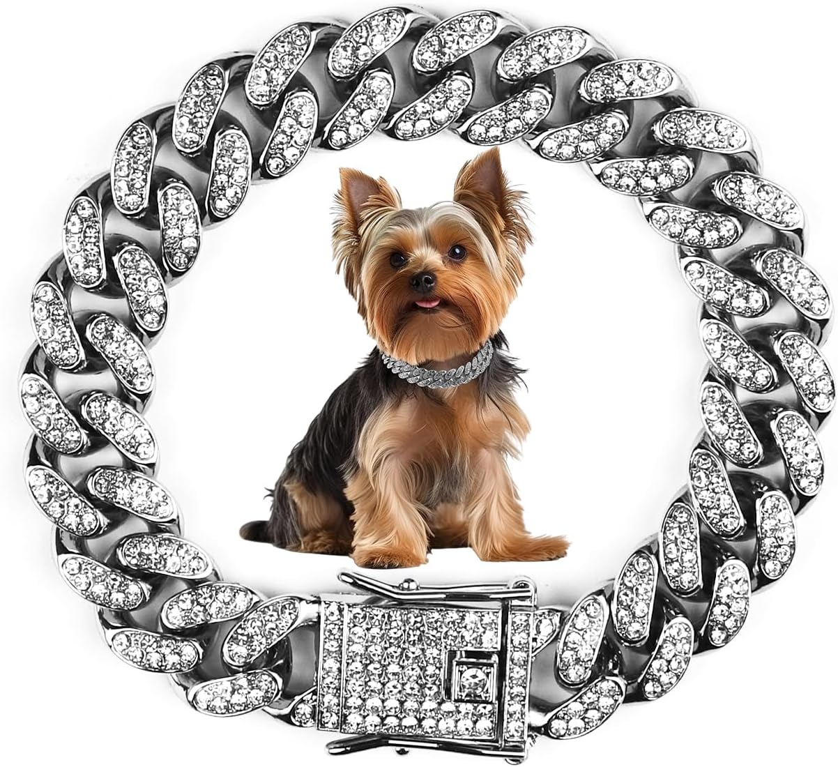 Cuban Dog Chain Collars, Silver Crystal Pet Necklace, Metal Pet Necklace with Safety Buckle Lock, for Small Medium Large Dogs Cats (12 Inch) - Image 12