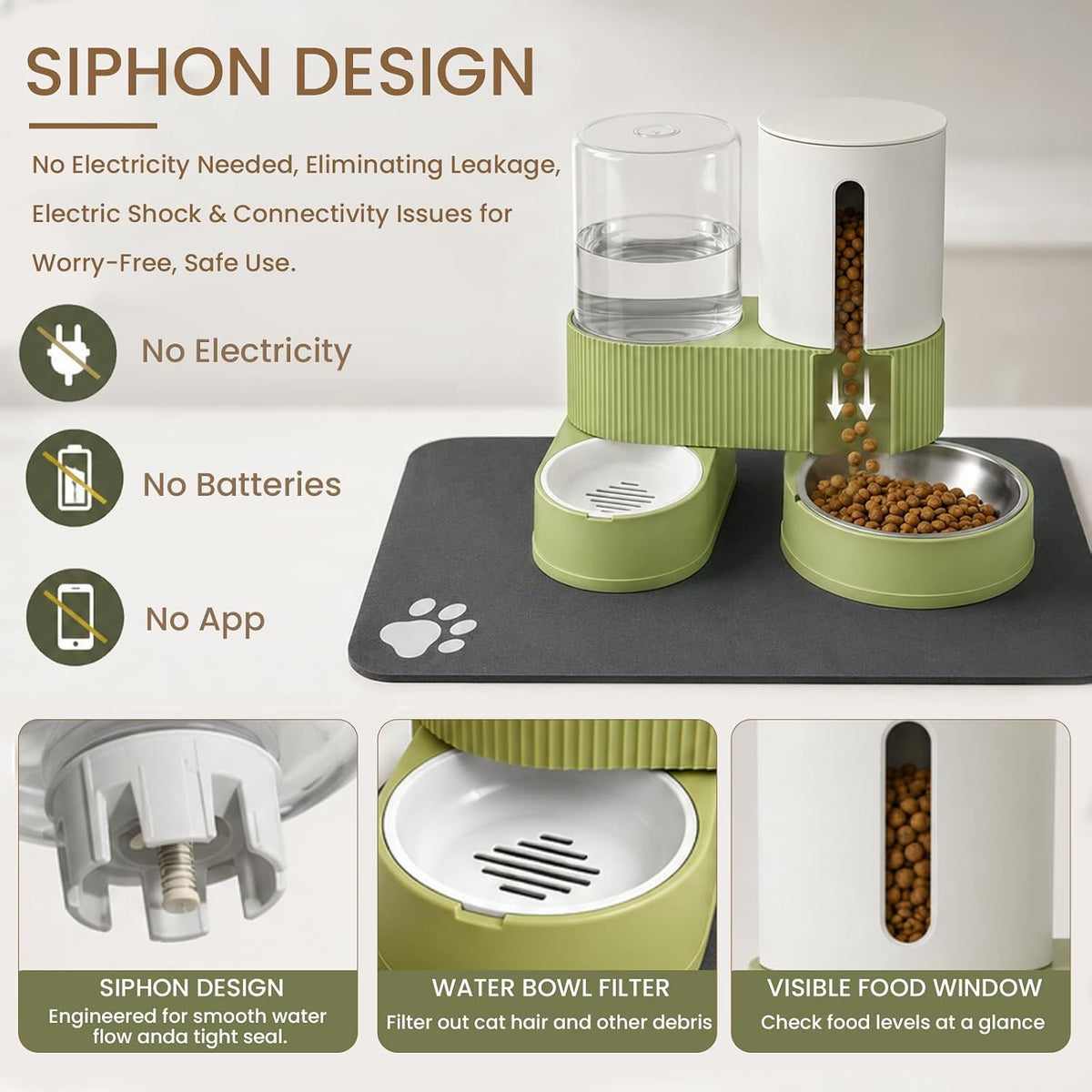 Detachable elements of green 360 degree rotatable cat feeding station separated