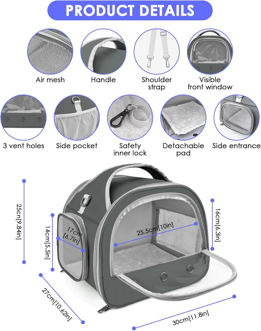Bissap Bearded Dragon Travel Carrier, Portable Guinea Pig Carrier Bag Tortoise Carrier Pouch for Bunny Hamster Chinchilla Hedgehog Lizard Bird Outgoing Reptile Travel Carrying Case - Grey - Image 2
