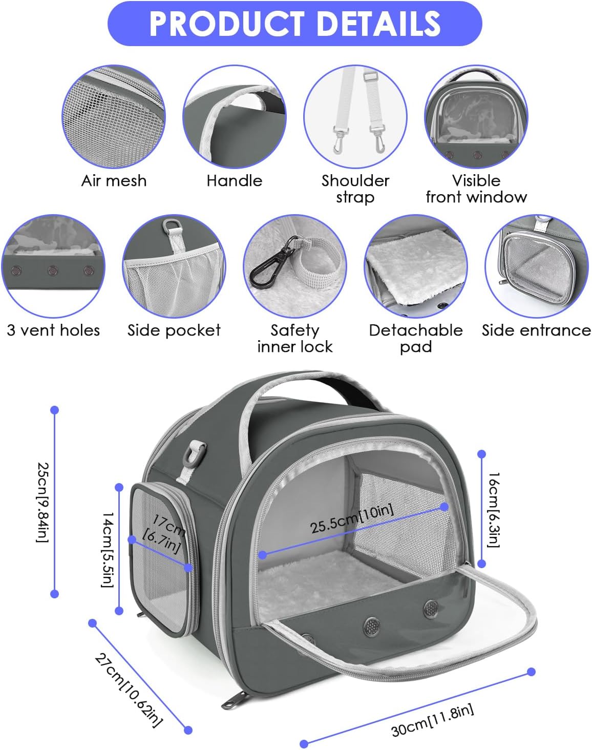 Bissap Bearded Dragon Travel Carrier, Portable Guinea Pig Carrier Bag Tortoise Carrier Pouch for Bunny Hamster Chinchilla Hedgehog Lizard Bird Outgoing Reptile Travel Carrying Case - Grey - Image 2