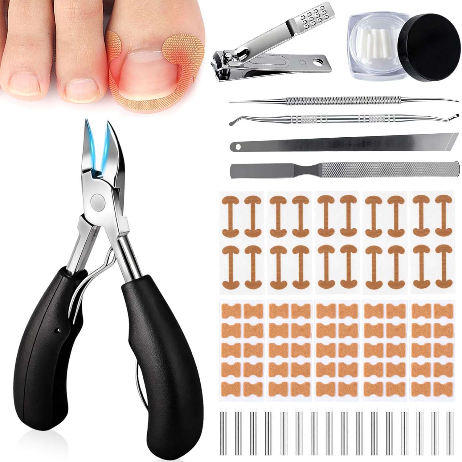 Gleva Cosmetics Ingrown Toenail Removal Kit front view showing the complete professional foot care set including stainless steel clippers and patches.