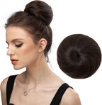 SARLA dark brown synthetic hair bun extension front view on a model