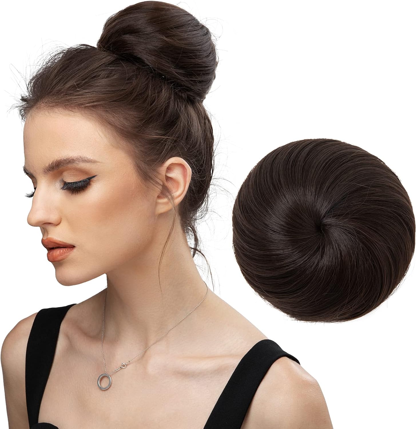 SARLA dark brown synthetic hair bun extension front view on a model