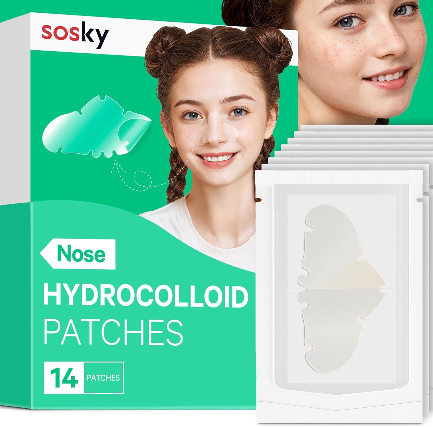 Sosky hydrocolloid nose patches 14 count box packaging front view