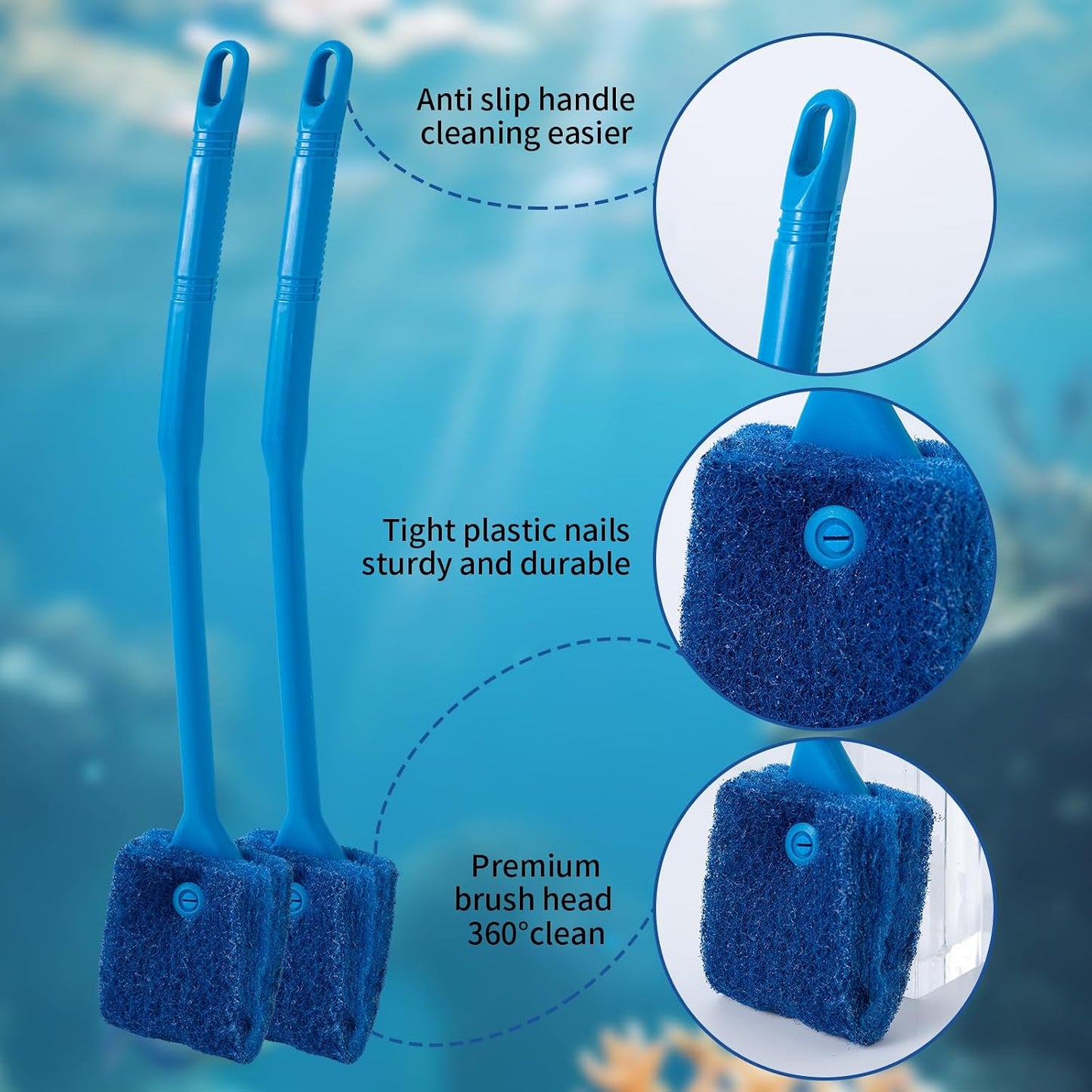 Demonstration of the 15.4 inches long handle aquarium scraper cleaning a glass fish tank.