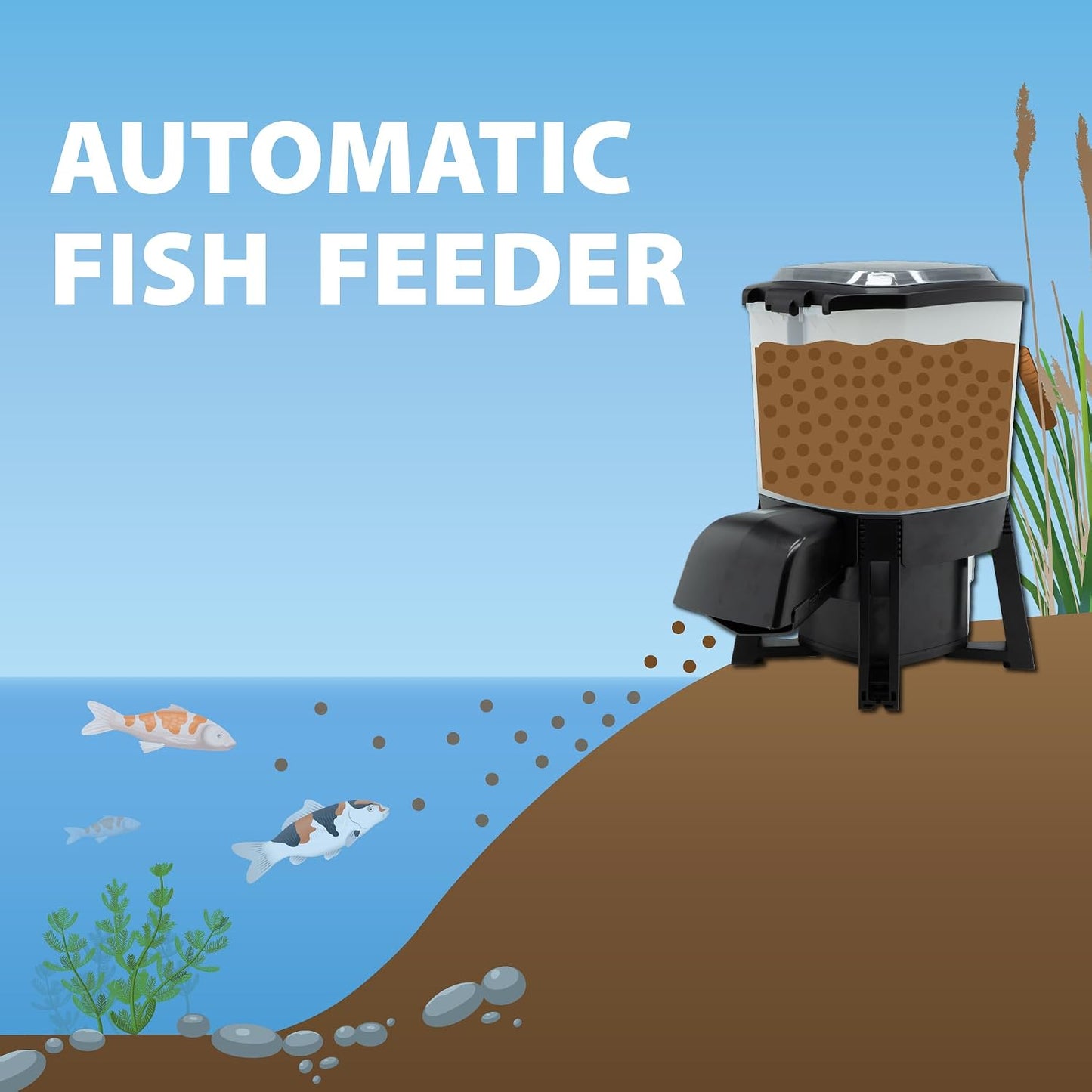 Multi power pond fish food dispenser showing the AC adapter and battery charging setup.