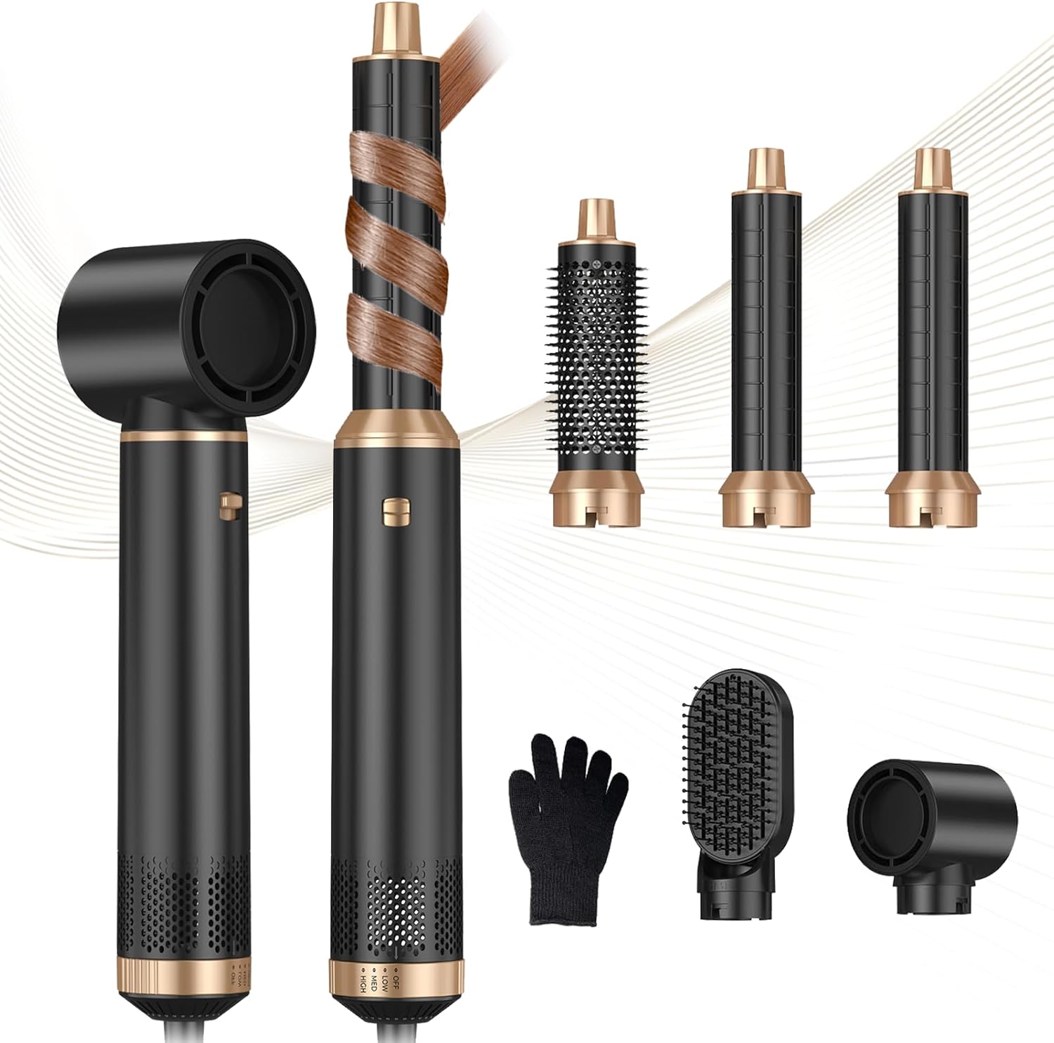 Yitrust 5 in 1 blow dryer brush set front view showing the main handle and five interchangeable heads for salon styling.