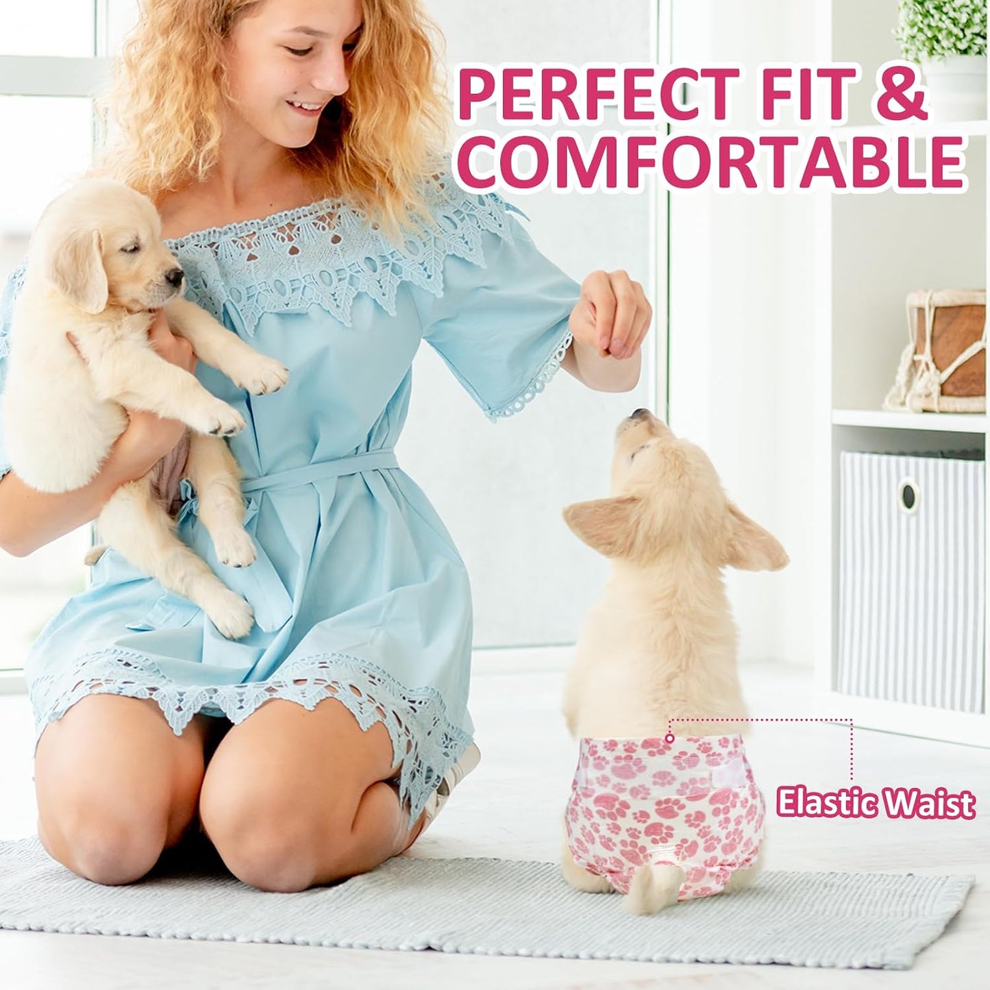 Dono female pet nappies displayed to show sizing chart measurements for weight and waist.