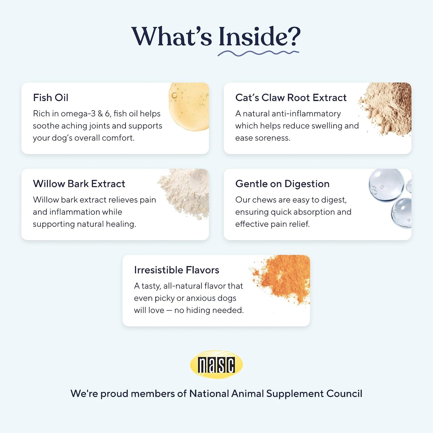 Pawfy hip and joint dog vitamins with Omega 3 close up view of premium botanical ingredients.
