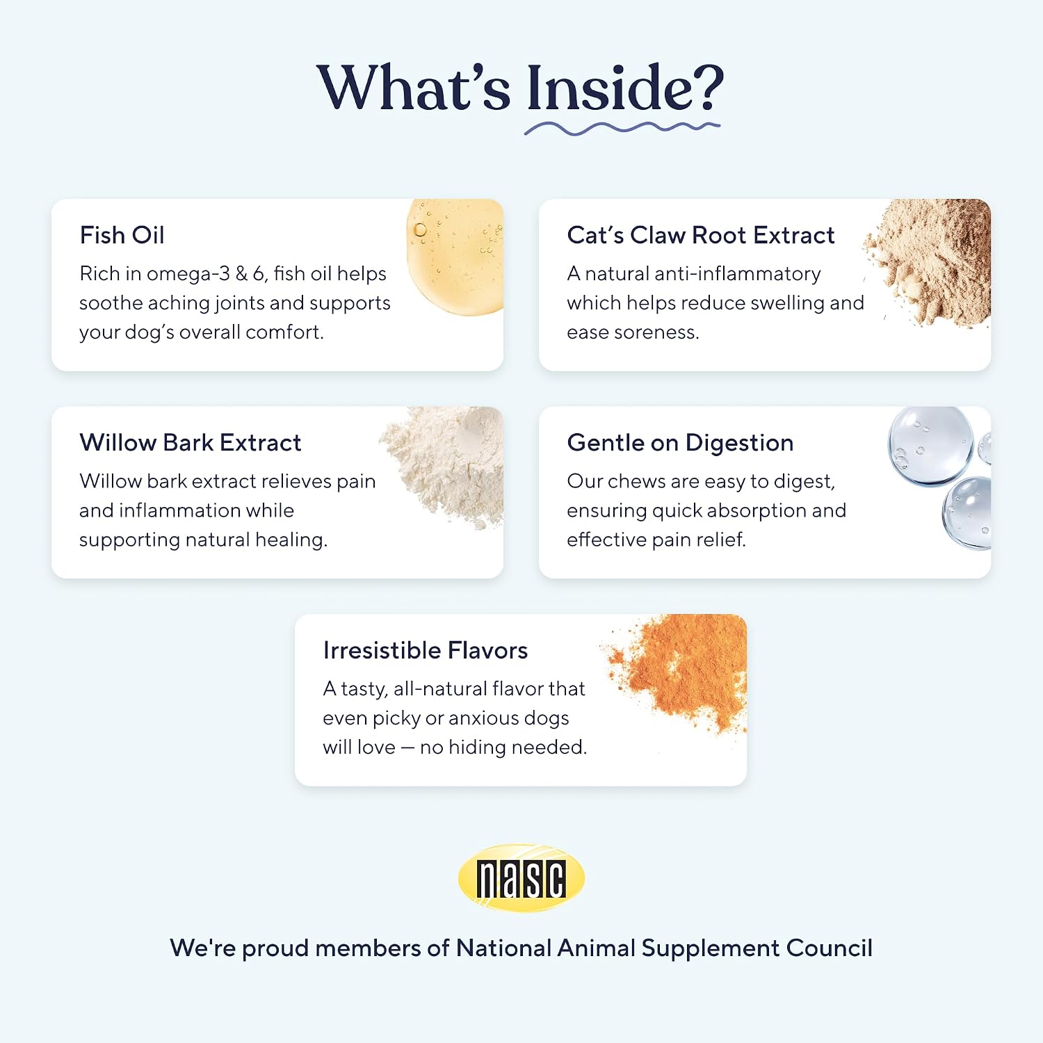 Pawfy hip and joint dog vitamins with Omega 3 close up view of premium botanical ingredients.