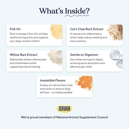 Pawfy hip and joint dog vitamins with Omega 3 close up view of premium botanical ingredients.