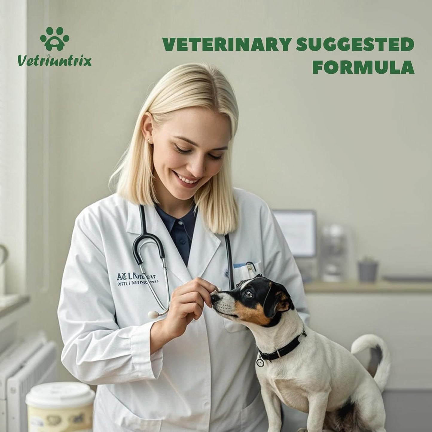 Vetriuntrix dog allergy relief bottle showing proper daily feeding guidelines and dosage instructions.