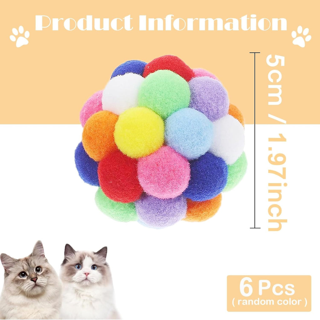 Six pack multicolored fuzzy chew balls for indoor cats exercise