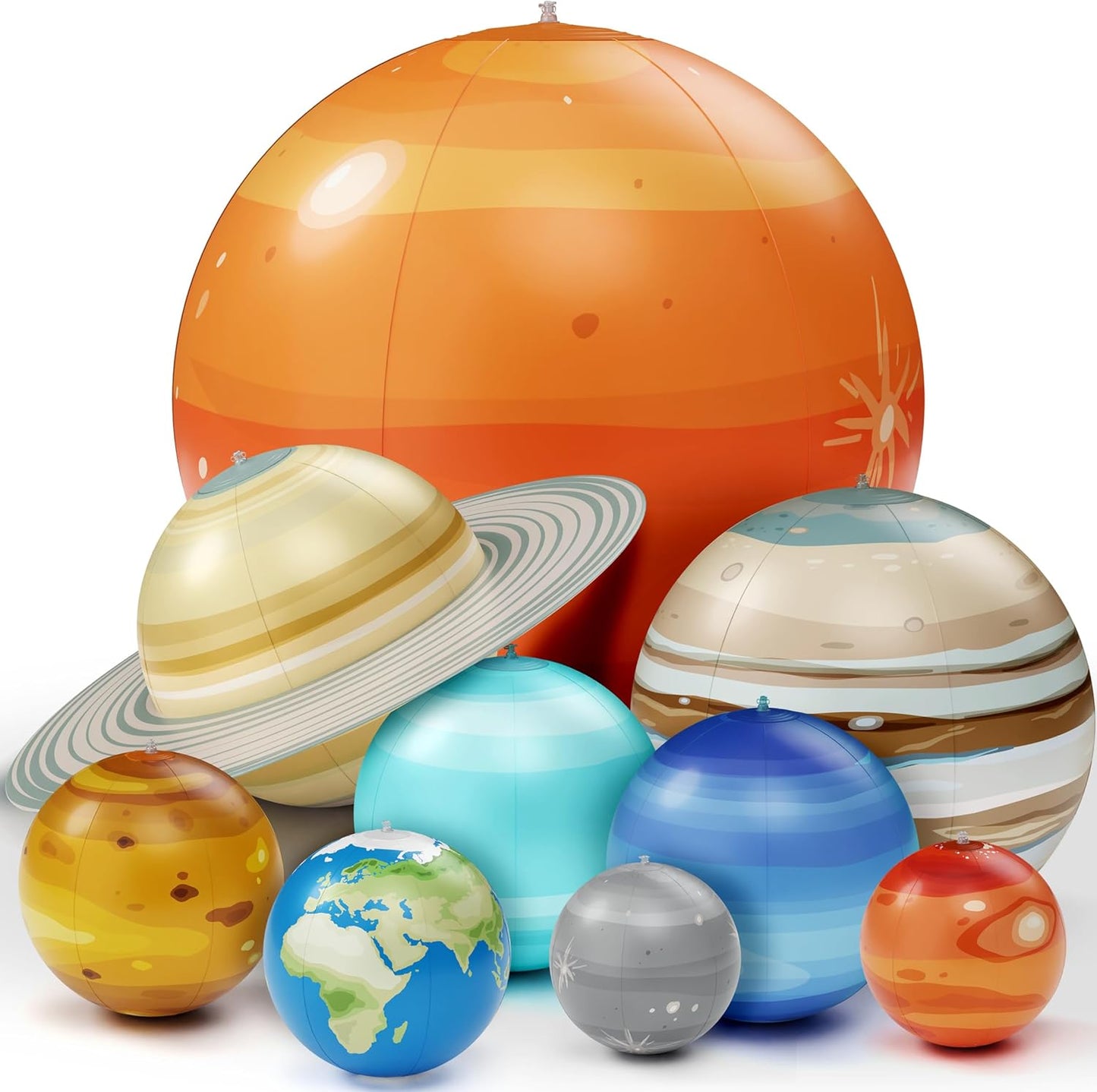 Dan&Darci inflatable solar system planets kit front view hanging from a classroom ceiling.