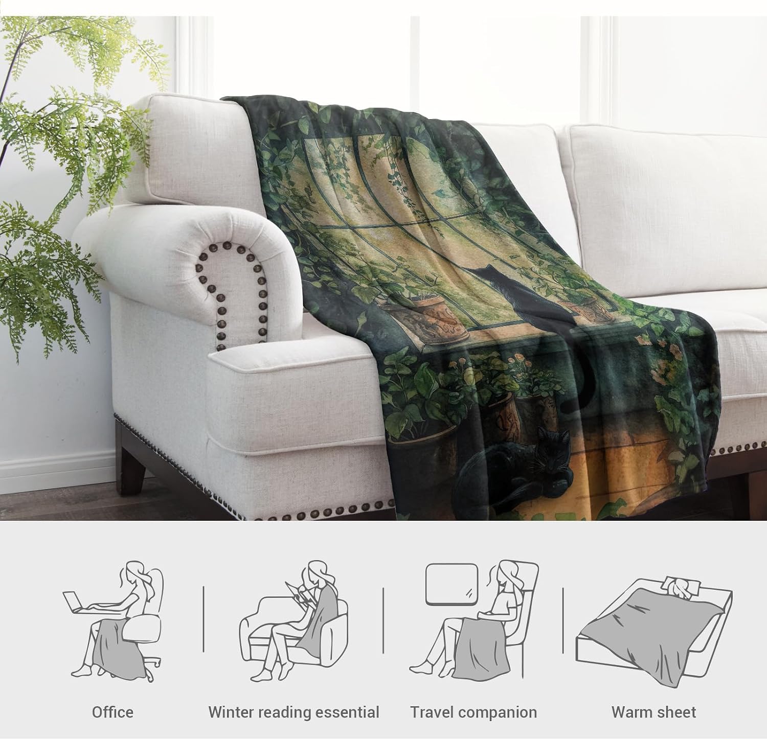 Levens black cat blanket draped elegantly over a living room sofa.