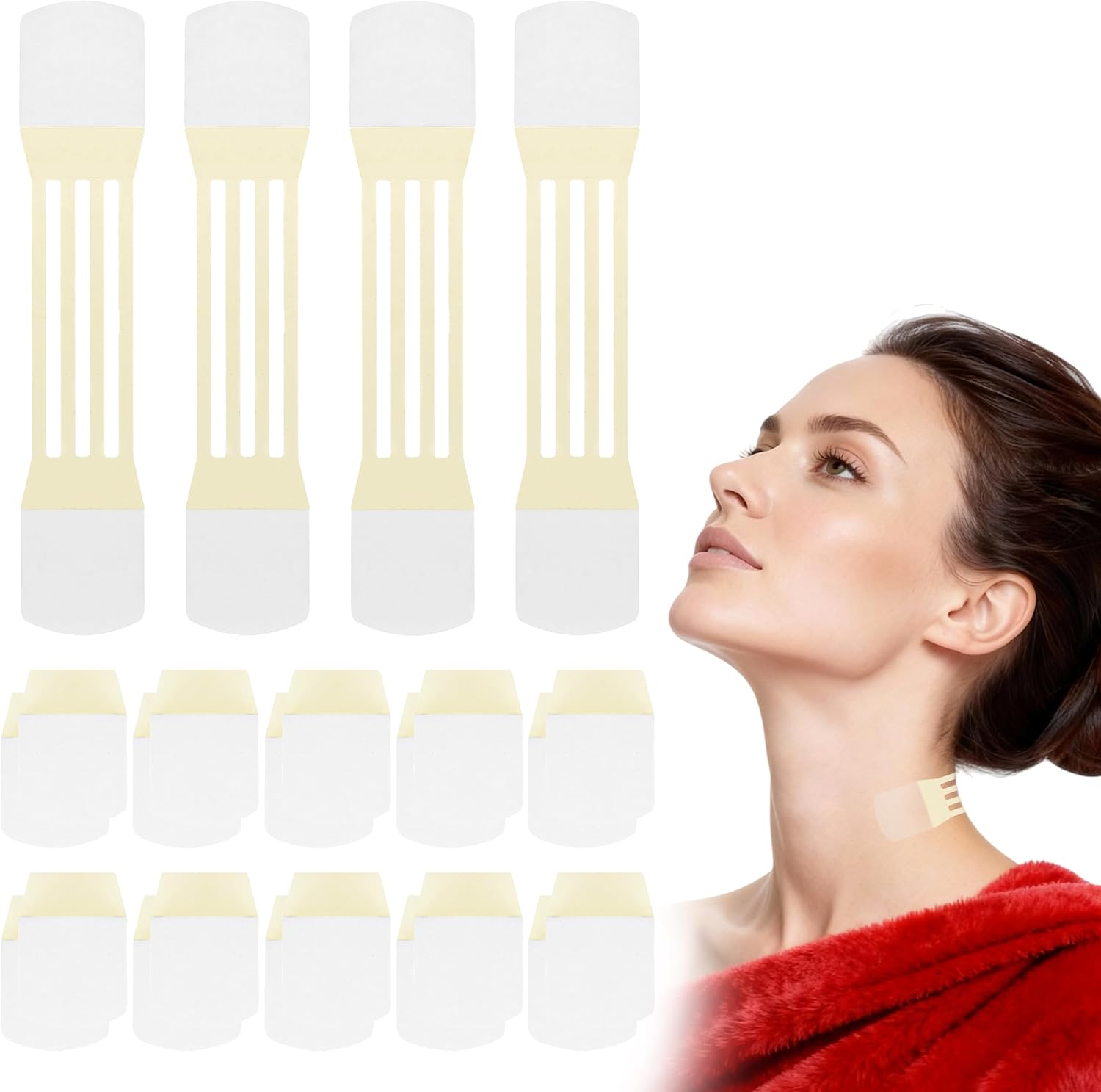 Snifflink neck lifting tape front view packaging showing twenty pieces of invisible instant adhesive lifting strips for skin tightening
