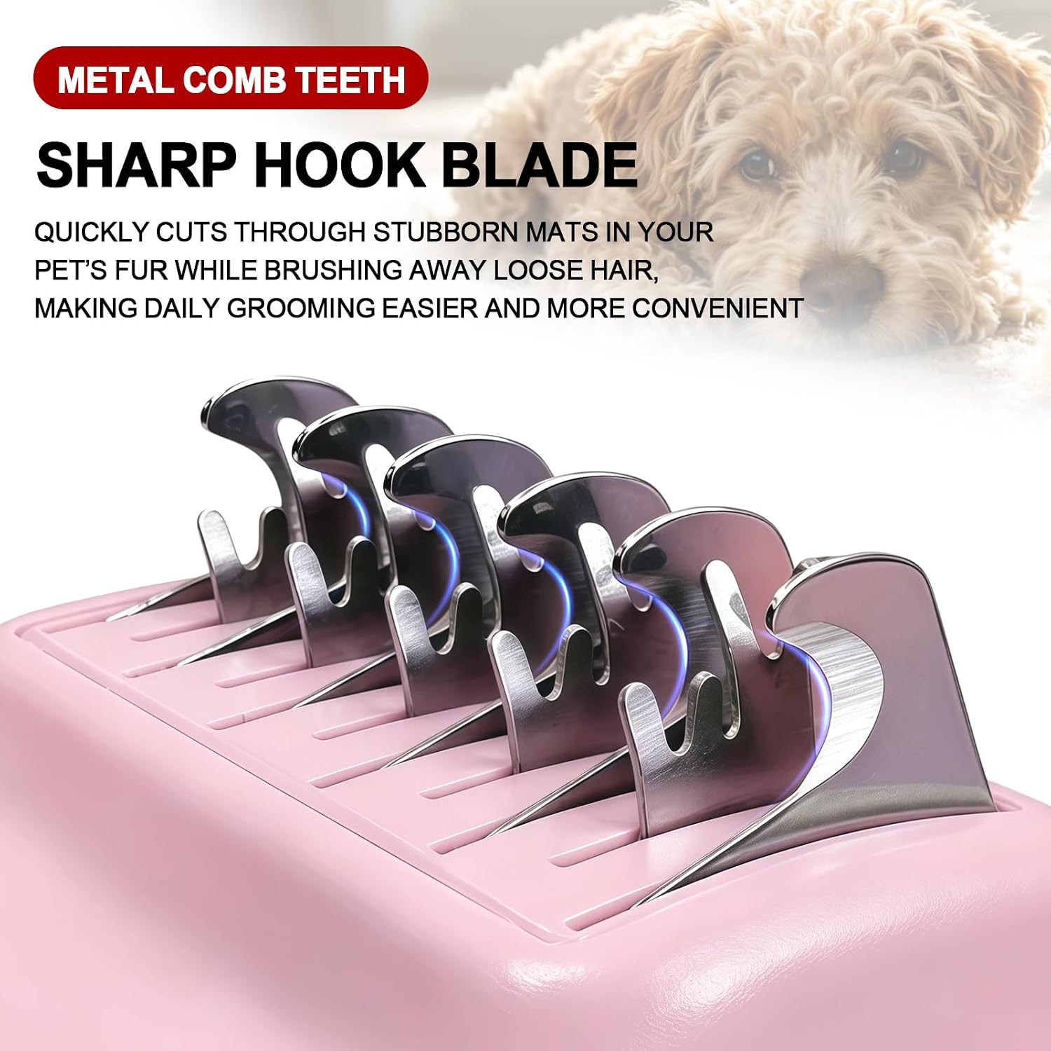 Grooming rake brush for long-haired pets demonstrating the non-slip handle grip design.