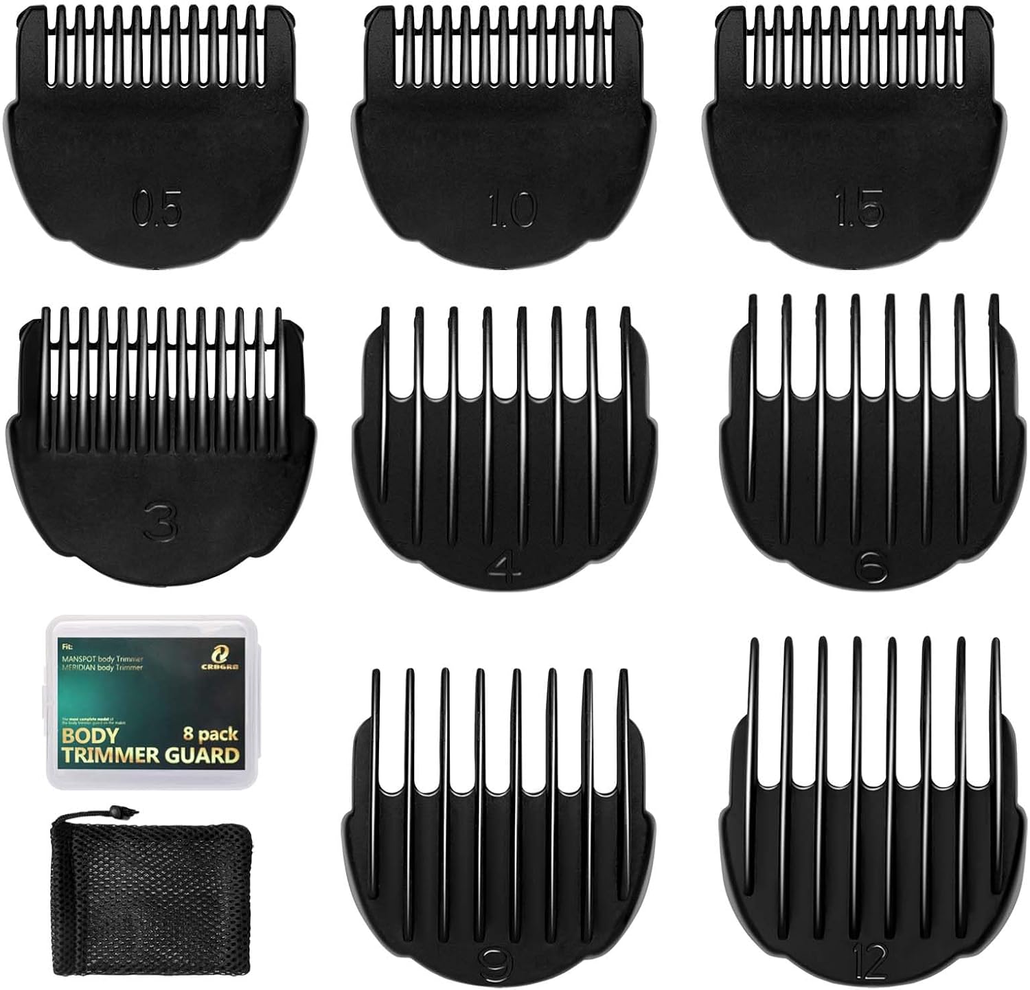 CR8GR8 body trimmer guards set front view showing eight black clipper guide combs
