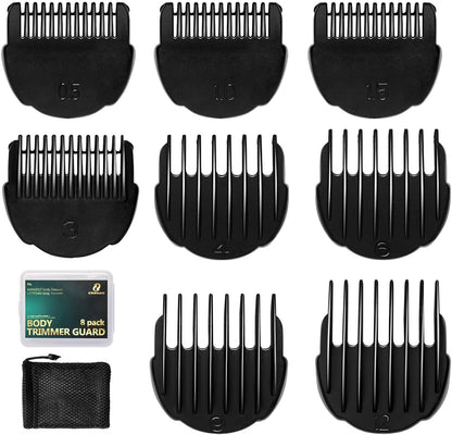 CR8GR8 body trimmer guards set front view showing eight black clipper guide combs