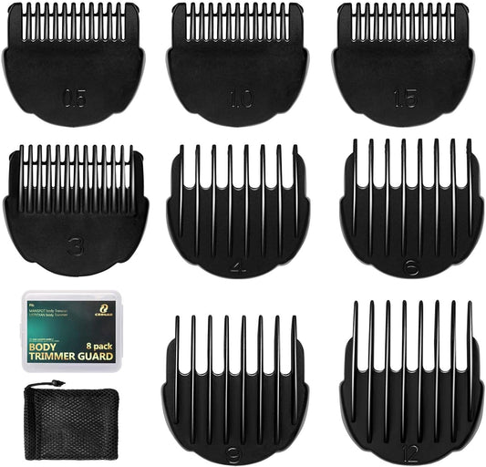CR8GR8 body trimmer guards set front view showing eight black clipper guide combs