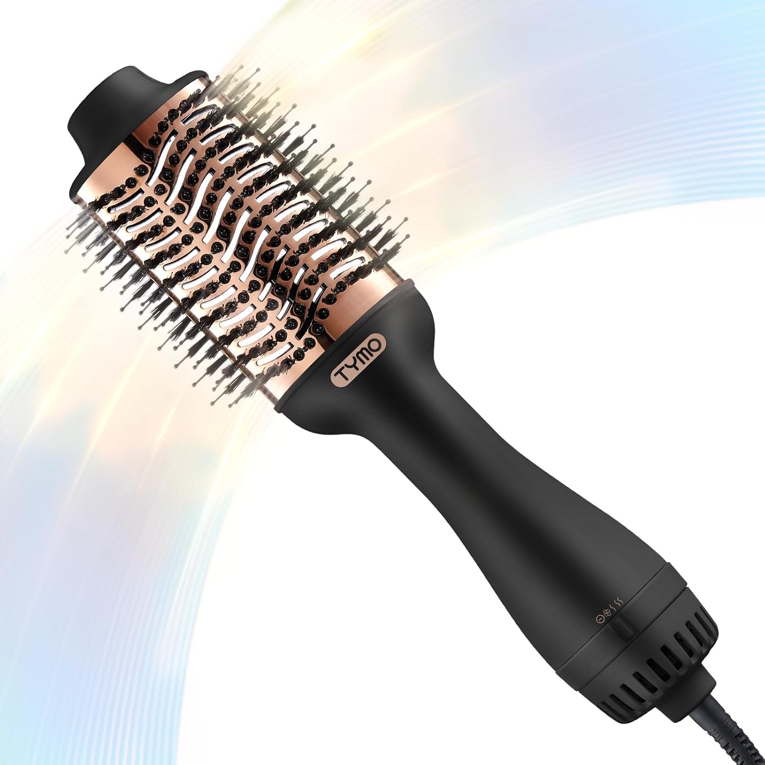 TYMO Volumizer Hair Dryer Brush front view showcasing the gold titanium oval barrel and premium handle.
