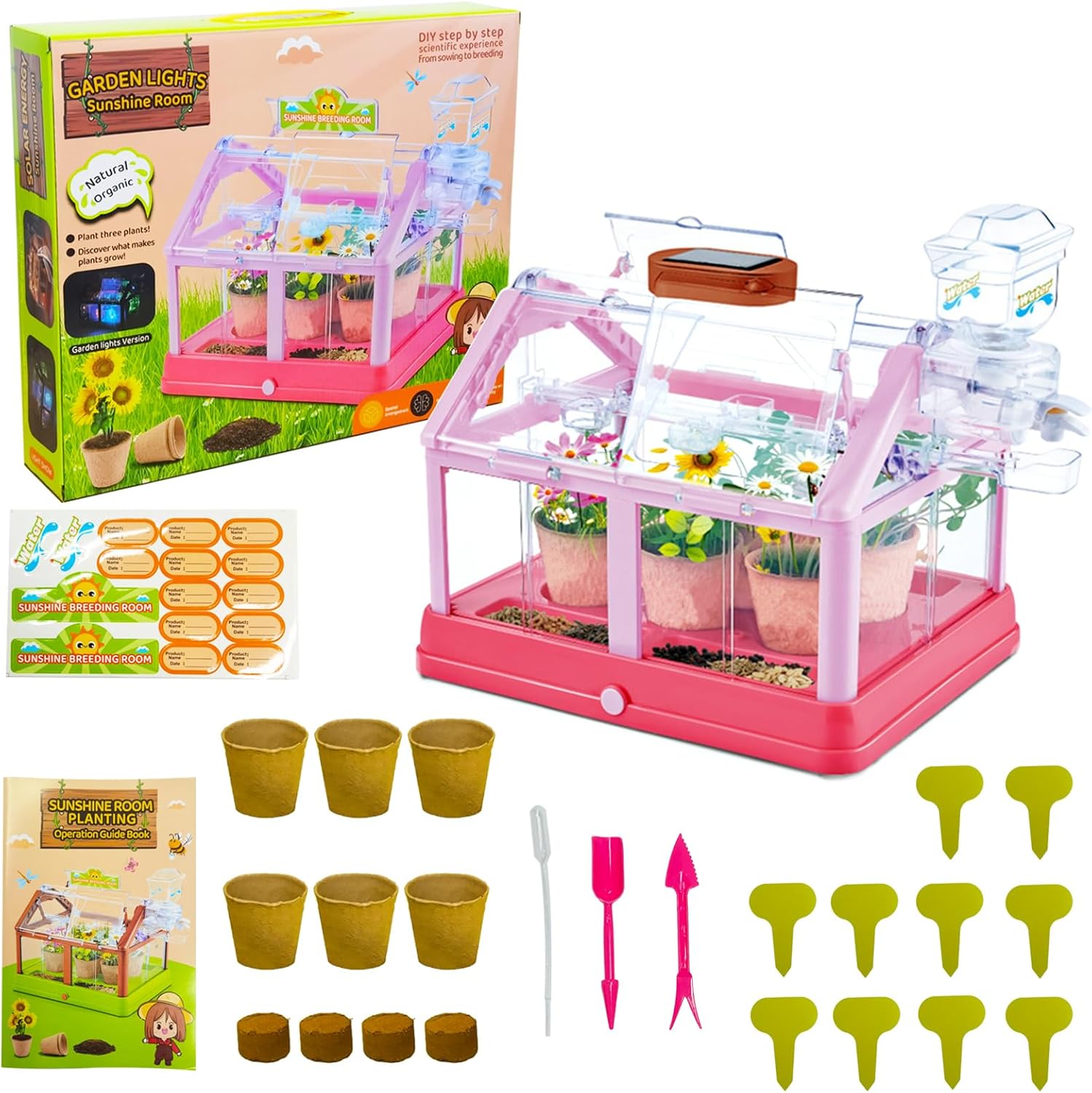 EXBEPE kids plant growing kit front view of pink solar greenhouse
