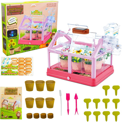 EXBEPE kids plant growing kit front view of pink solar greenhouse