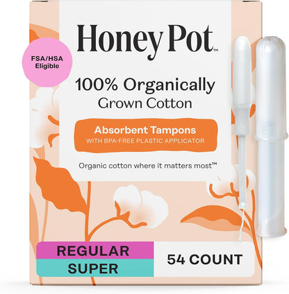 The Honey Pot Company Organic Cotton Tampons Multipack front view showing 54 packaging.