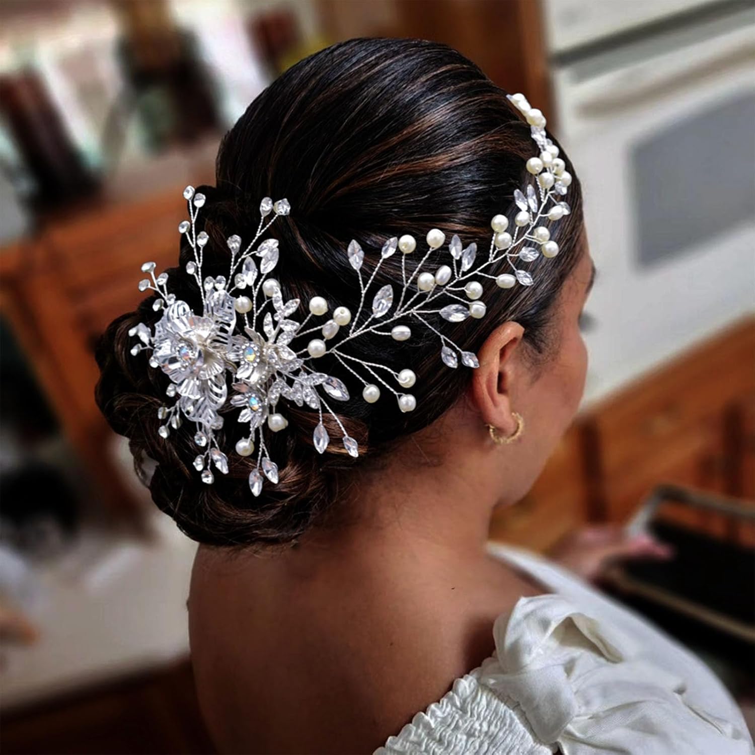 WONRLUA wedding hair pieces front view showing silver rhinestone bridal hair comb details.