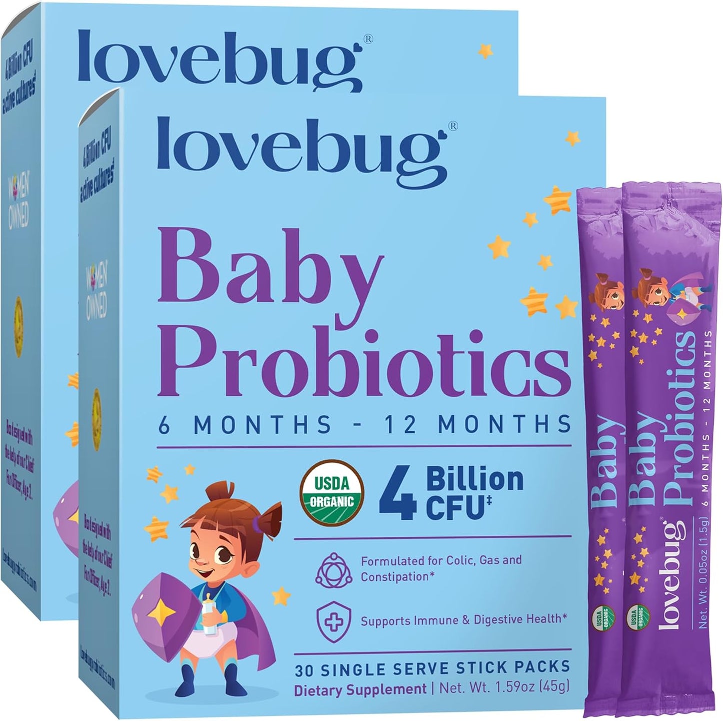 LOVEBUG Organic Baby Probiotic powder 60 stick packs for 6 to 12 months