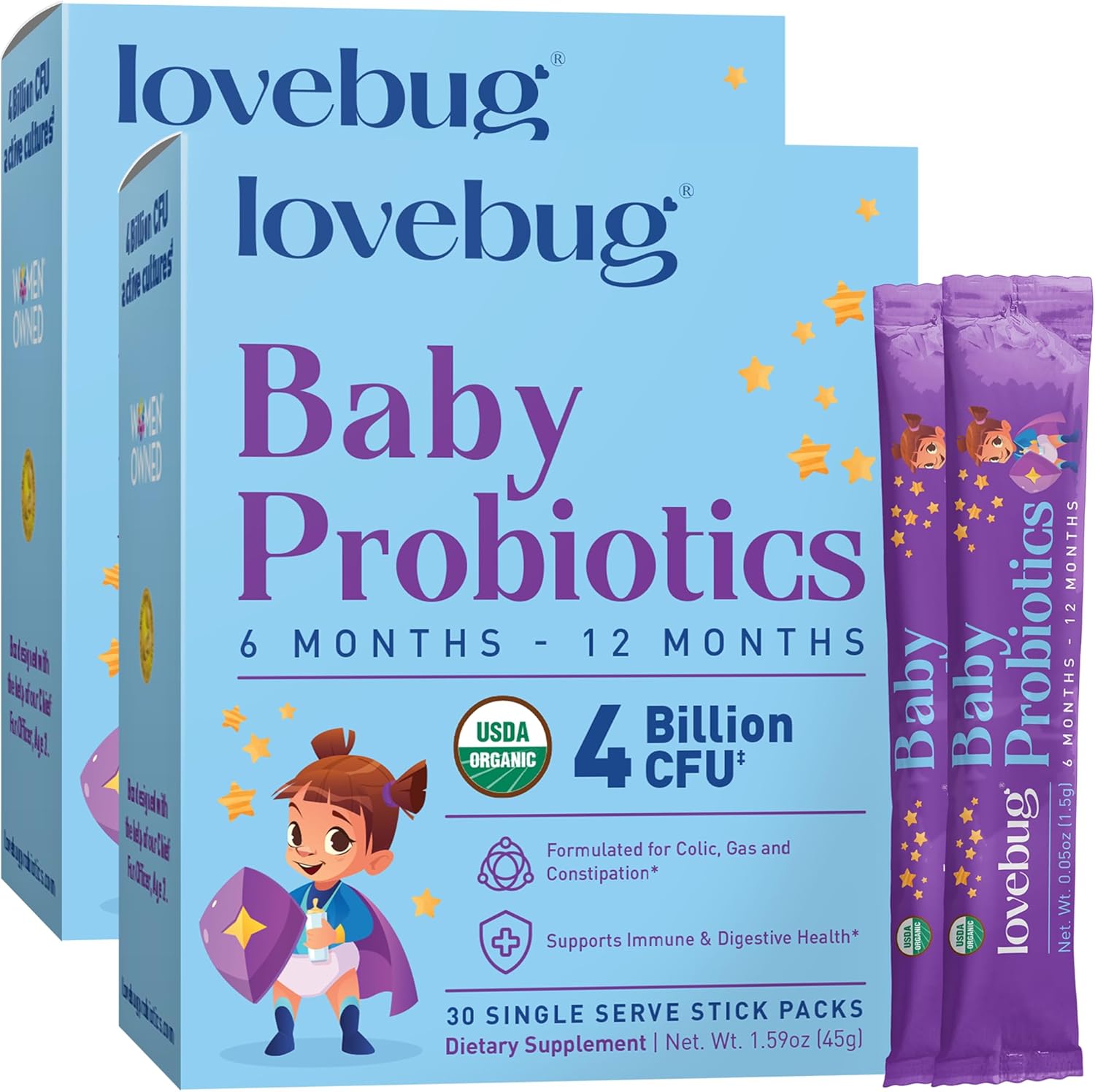 LOVEBUG Organic Baby Probiotic powder 60 stick packs for 6 to 12 months