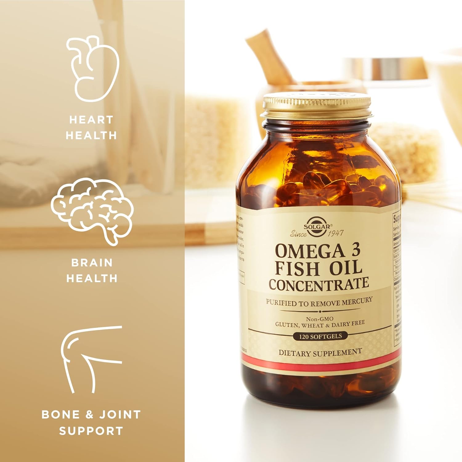 Authentic Solgar fish oil softgels imported from USA showing dosage instructions.