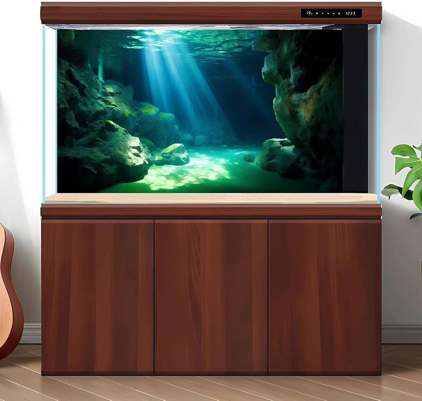Riivvdise fish tank backdrop displaying natural cenote cave sunlight effects.